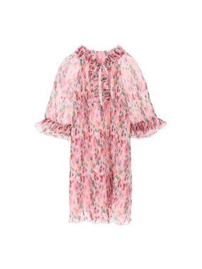 Ganni Pleated Oversized Floral Georgette Mini Dress Womens Size EU34 US2